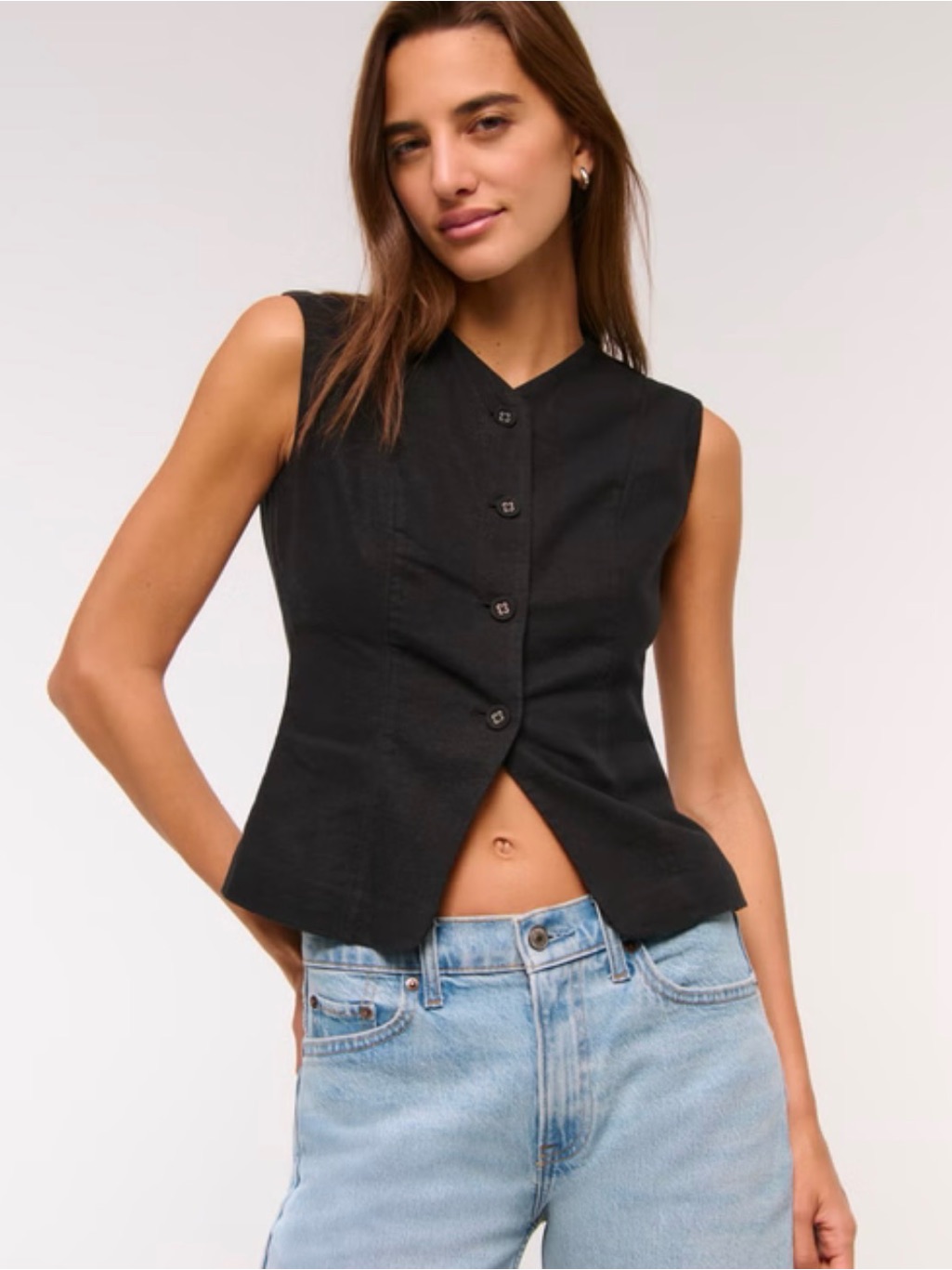 Sleeveless Black Button-Front Women's Top And Pants Set
